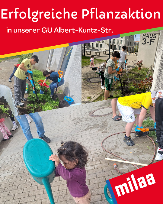 Kinder pflanzen und gießen in der Gemeinschaftsunterkunft