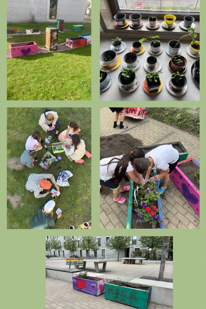 Kinder handwerken und pflanzen
